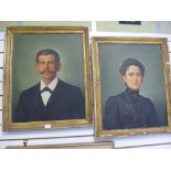 A pair of antique oil portraits of lady and gent, both unsigned, 49.5 x 63cms