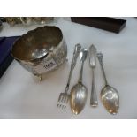 A white metal, possibly India, bowl and a small quantity of silver hallmarked spoons, knife, a