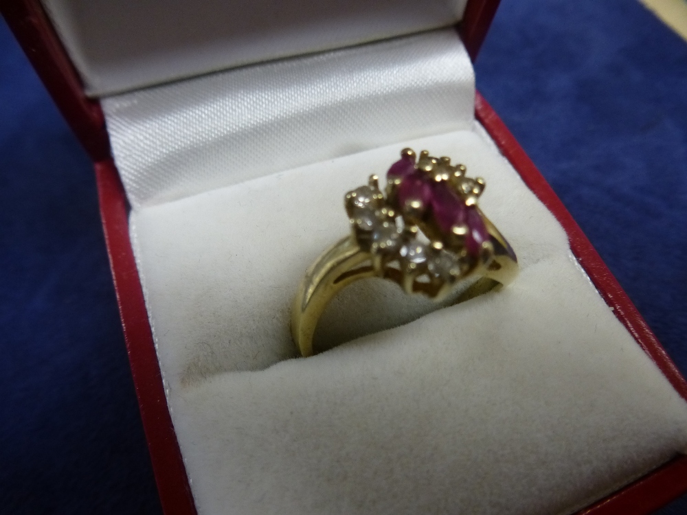 Yellow metal dress ring set with diamond chips and rubies, size O - Image 2 of 2