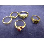 Four 9ct gold dress rings, all marked 375, all size O, total weight approx 8g, etc