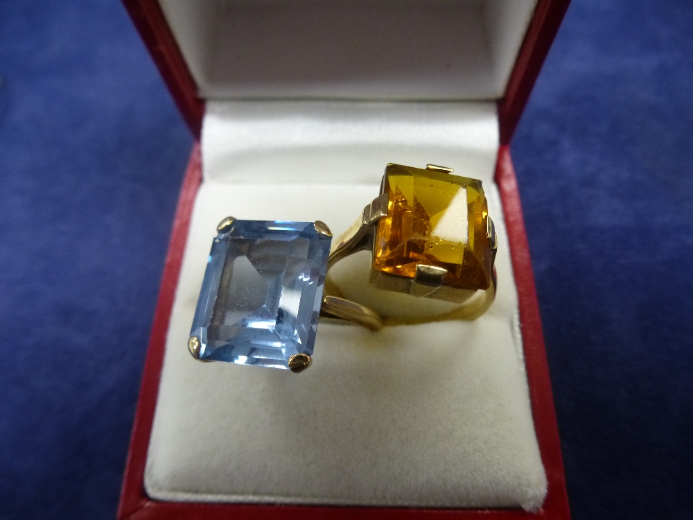 Two 9ct gold dress rings set with a blue and yellow stone and unmarked yellow coloured metal dress - Image 2 of 2