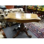 A Victorian burr walnut foldover card table with carved quadropod base, 96 cms