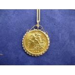 9ct yellow gold neckchain marked 9K, weight approx 4.5g with a full Sovereign pendant dated 1932, in