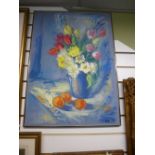 An oil still life vase of flowers, signed, and three other modern still life paintings, 4