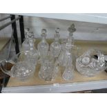 Five glass decanters, glass jugs, etc