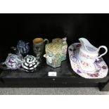 Three paperweights in the form of teapots, a Doulton Lambeth tankard, a Canton teapot - damaged -