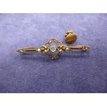 9ct gold bar brooch with seed pearls and white stone and yellow metal, white stone shirt stud,