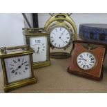 Two old brass carriage clocks and two other clocks