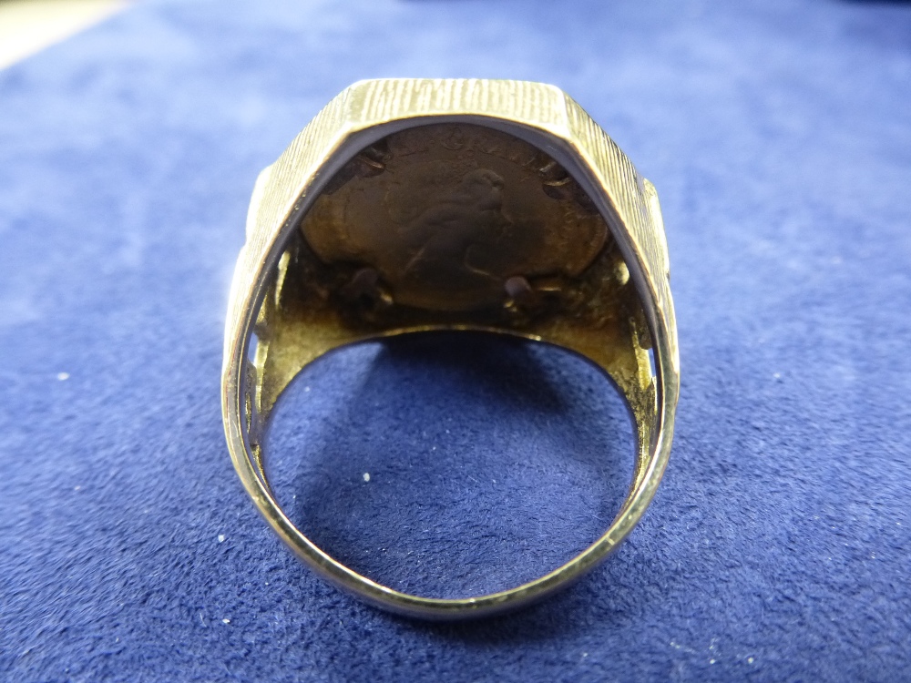 Gents half sovereign ring set with half sovereign dated 1982, on a 9ct gold shank stamped 375 - Image 2 of 2