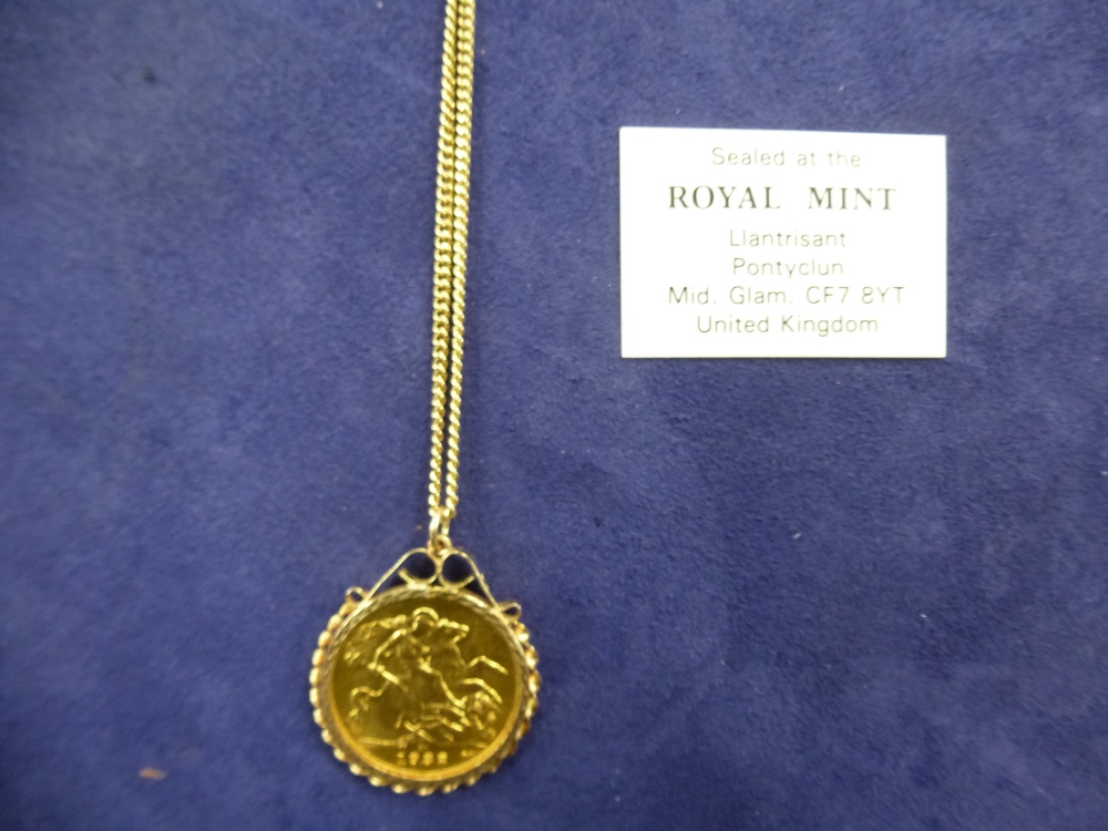 9ct yellow gold neckchain marked 9K, weight approx 4.5g with a full Sovereign pendant dated 1932, in - Image 2 of 4