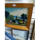 A reverse painting on glass in birds eye maple frame and a painting on opaline glass of seascape