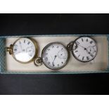 Three vintage pocket watches, two silver cased and another 14ct gold plated, all with white enamel