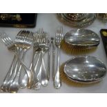 A pair of silver hallmarked clothes brushes and a quantity of plated forks and nut cracker