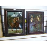 A pair of reverse paintings on glass of soldiers on horseback in simulated rosewood frames, 21 x