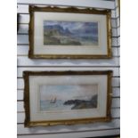 Leonard Lewis; a pair of early 20th century watercolours of fishing boats beside rocky coastline,