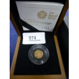 Boxed quarter Sovereign gold proof coin, dated 2010 with Certificate of Authenticity