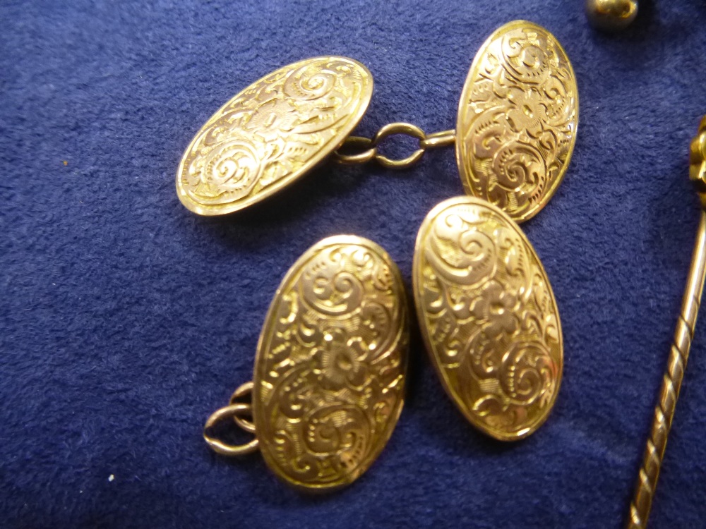 Hallmarked 9ct cufflinks weight 5.4g approx, broken chain on one cufflink, two 15ct gold stick - Image 2 of 2