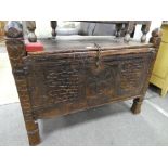 An old Indian/Pakistan Dowry chest having carved front, 106cms