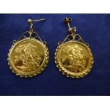 Pair of 9ct yellow gold earrings inset with half sovereigns dated 1992, mounts marked 375, one