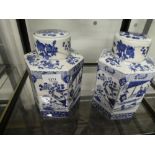 A pair of Chinese hexagonal blue and white ginger jars