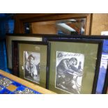 Oak framed bevelled wall mirror, 2 music related framed pictures, etc.