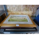 Two framed watercolours, two framed engravings and a set of two pen and ink drawings in a bi-fold