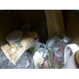 Four boxes mixed china and glass to include Devin, Royal Tudorware, Beejay figure of a bird, etc.