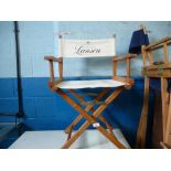 Pair of blue folding Director's chairs and a cream Lanson example