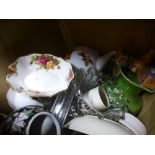 Two boxes of mixed china and Royal Worcester Evesham, Royal Albert, Royal Doulton tea ware etc., a