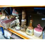 A box of treen along with a framed and glazed picture of Dr Syntax and a metal box with mixed items,