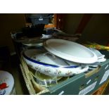 A large box of mixed ceramics, glass and sundry to include Derby, Wedgewood serving dishes, etc.