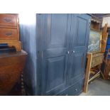 Blue painted pine large 2 door wardrobe above base drawer