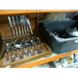 Box of silver-plated items, canteen cutlery, fur rugs etc.