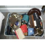 Crate of mixed items to incl. teapots, silverplatedware, pewter teaset, blue