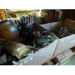 Box of silverplated items and box of mixed collectables to incl. model bulls, old bicycle lamp etc.