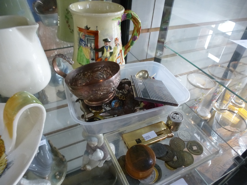 Collectables; old coins, Art Nouveau copper cup, bamboo trinket box etc.