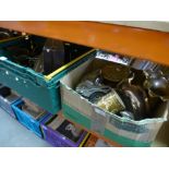 2 Boxes of silver-plate, canteen cutlery, decretive Oriental brassware and other brass