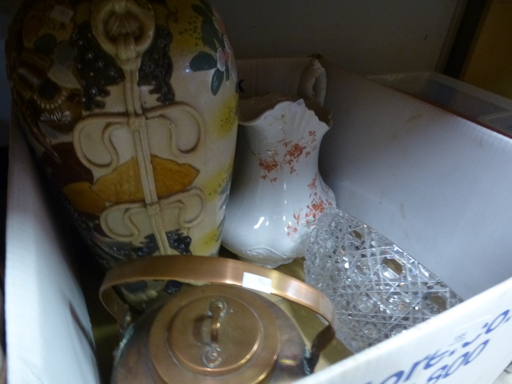 3 Boxes of mixed ceramics to incl. copper kettle, gilded wall bracket, crystal sugar jar, le Cresset - Image 2 of 2