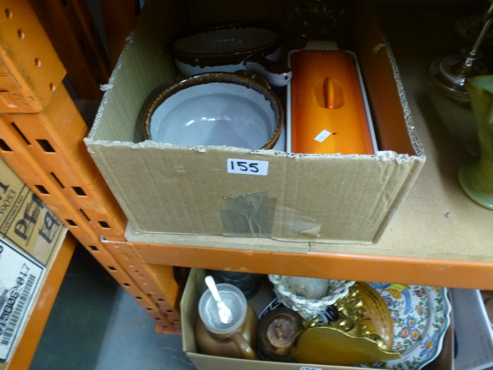 3 Boxes of mixed ceramics to incl. copper kettle, gilded wall bracket, crystal sugar jar, le Cresset