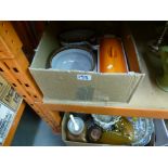 3 Boxes of mixed ceramics to incl. copper kettle, gilded wall bracket, crystal sugar jar, le Cresset