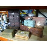A quantity of wooden boxes, some decorated, a small quantity of old coins, etc.