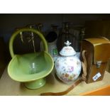 Three silver plate candelabras and a single cased binocular, vintage BP can, etc.