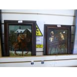 A pair of reverse paintings on glass of soldiers on horseback in simulated rosewood frames, 21 x