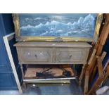 Vintage oak dresser with open rack above 2 drawers and under tier on turned supports