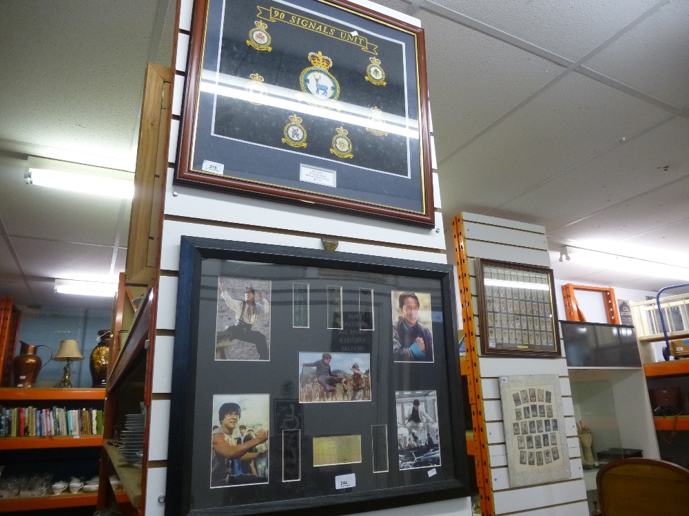 90 Signals unit badges presented in a frame by the ESS, framed prints and slides of Jackie Chyan