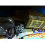 Box of mixed sundry items tro incl. Popeye annuals, tins, jugs etc.