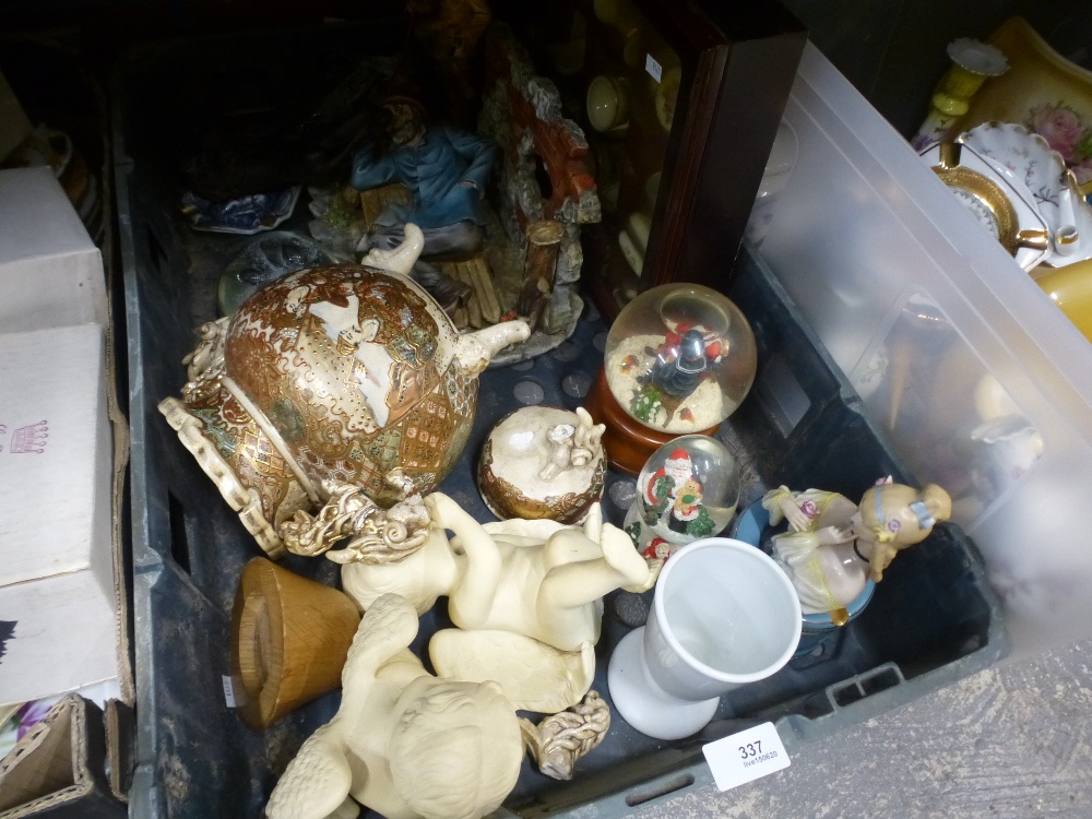 Crate of mixed china to incl. collectors case of Limoges trinket boxes, Capodimonte figure of a man,