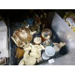 Crate of mixed china to incl. collectors case of Limoges trinket boxes, Capodimonte figure of a man,