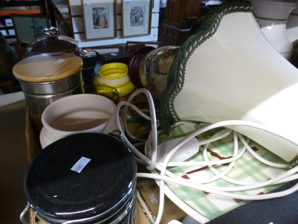 Two boxes of china, glass, sundries to include vases, canisters, plates and a lamp - Image 2 of 2