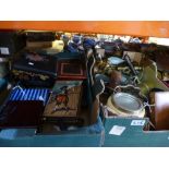Four boxes and a case of mixed collectables to include brassware, treen, inlaid boxes, etc